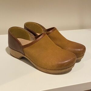 Dansko Tan and Brown Leather Mules